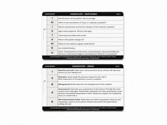 Handover clinical reference card